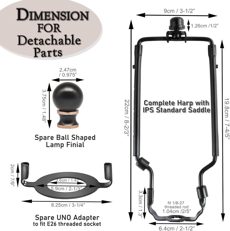 EMNOOTI 7 8 9 10 inch Lamp Shade Harp Holder,Adjustable Lamp Harp Kit,Fit both Standard Lamp Rod and E26 Light Base UNO Fitter Adapter,with 2 Shade Attaching Finial Top (Black Color - 2 Set) - Image 5